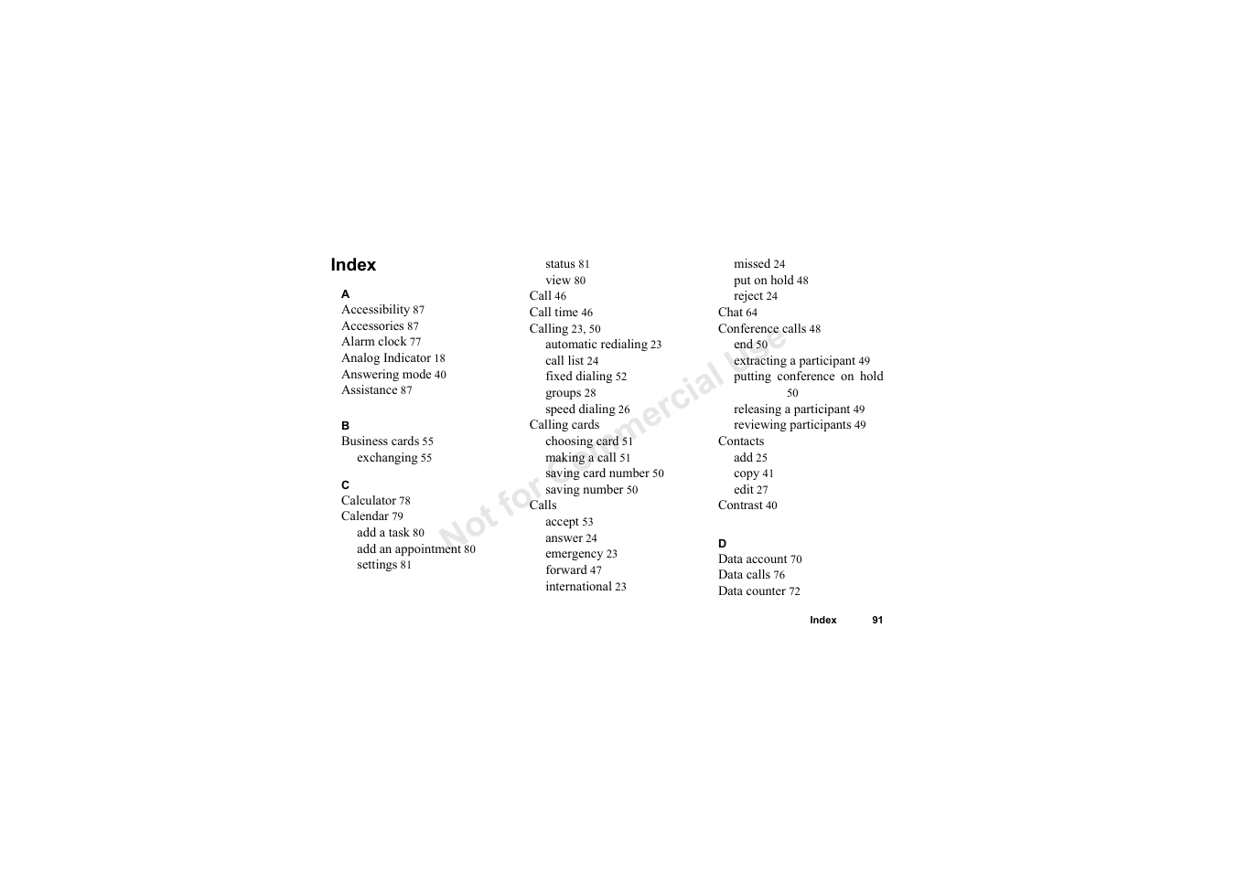 Index | Sony Ericsson T62u User Manual | Page 92 / 99