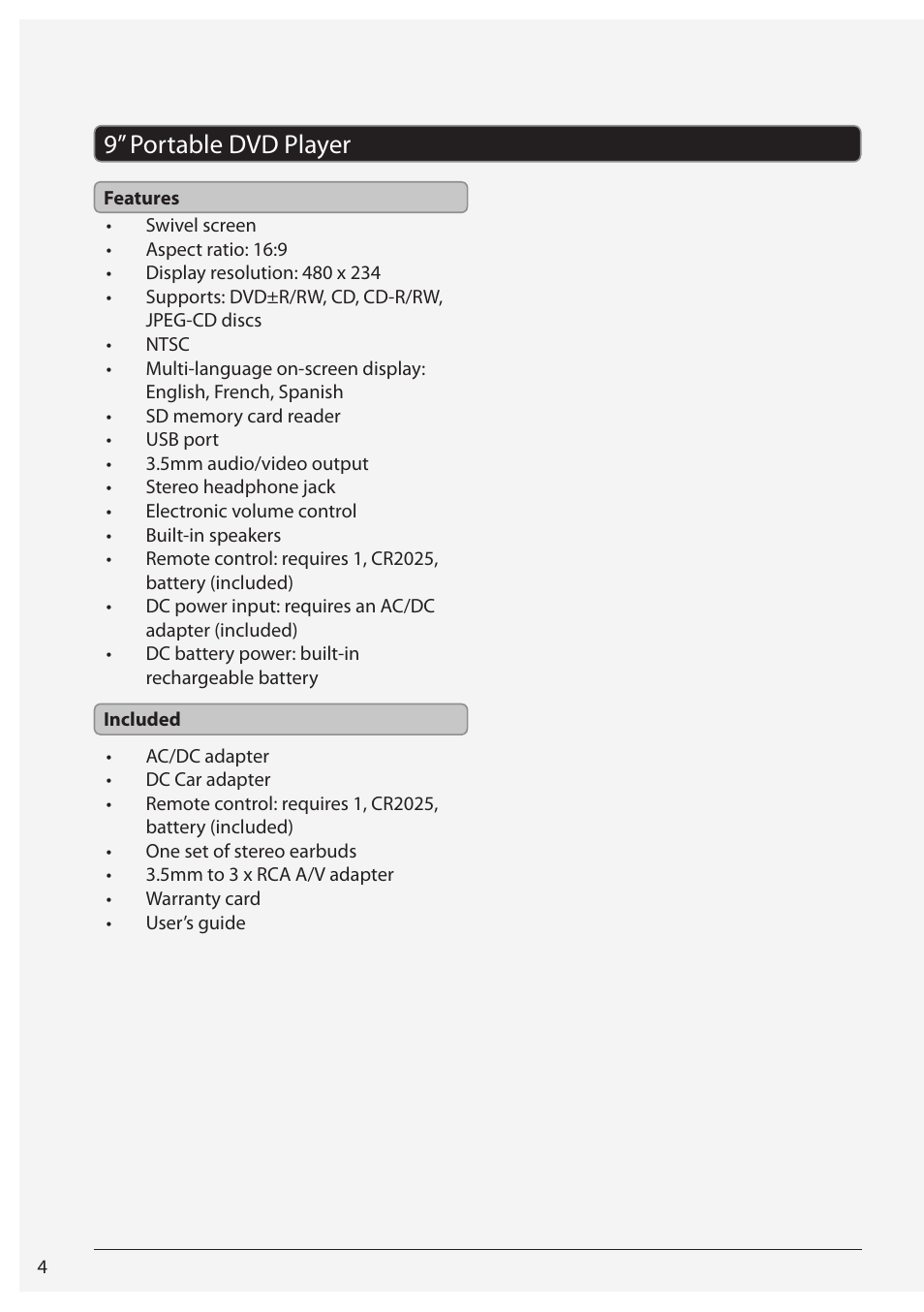 9” portable dvd player | GPX PD931B/BU/R User Manual | Page 4 / 12