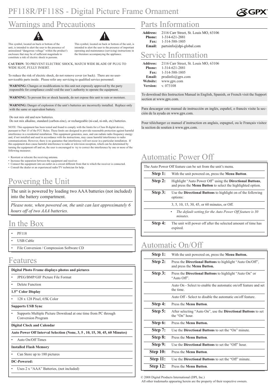 GPX PF118S User Manual | 2 pages