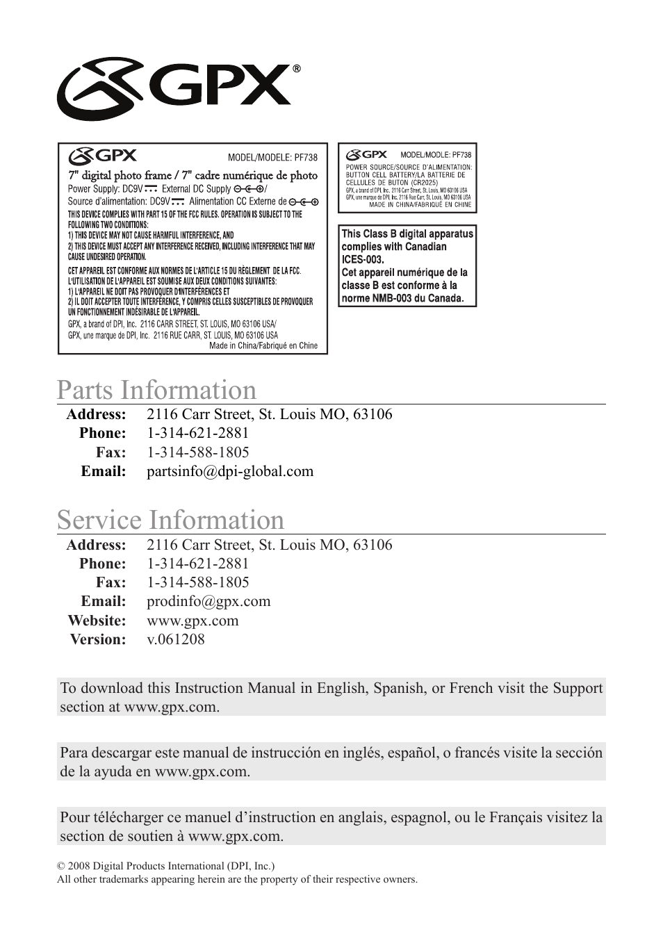 Service information, Parts information | GPX PF 738 User Manual | Page 16 / 16