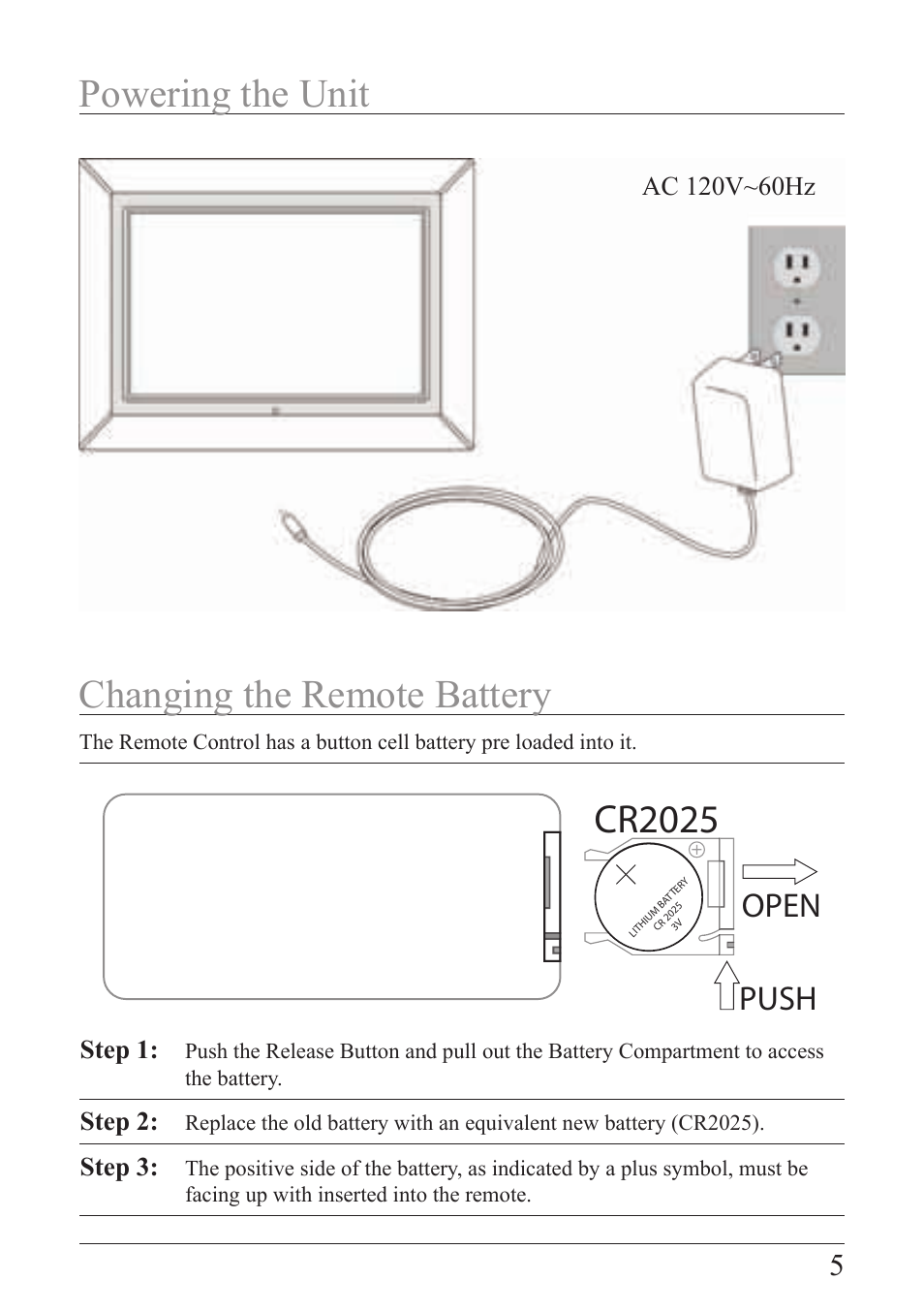 Powering the unit changing the remote battery, Cr2025, Push open | Step 1, Step 2, Step 3 | GPX PF 738 User Manual | Page 5 / 16