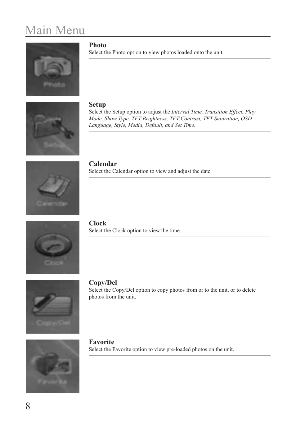 Main menu | GPX PF 738 User Manual | Page 8 / 16