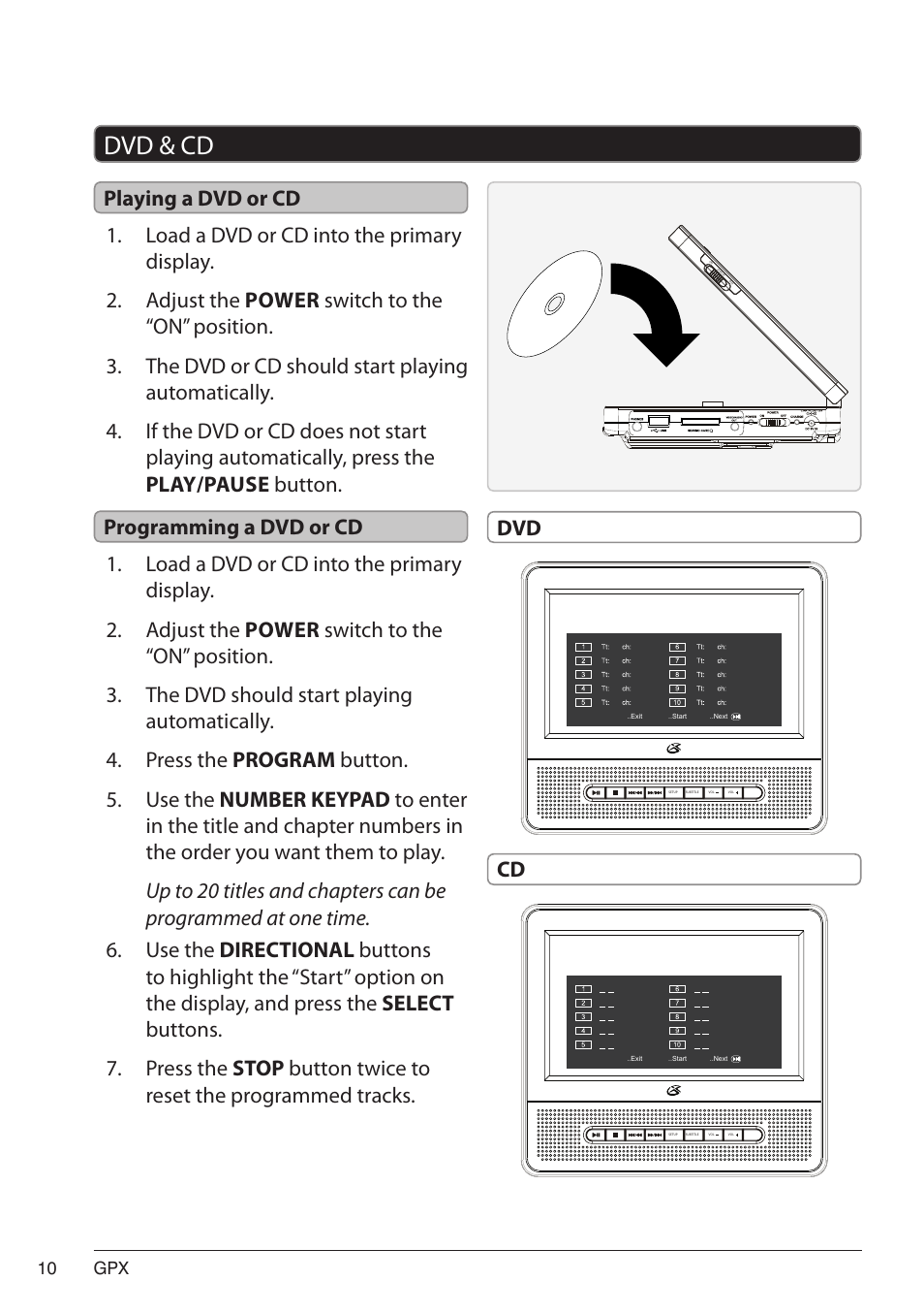 Dvd & cd 10, Playing a dvd or cd, Programming a dvd or cd | Dvd & cd, Playing a dvd or cd programming a dvd or cd, Cd dvd | GPX PD7719B User Manual | Page 10 / 16