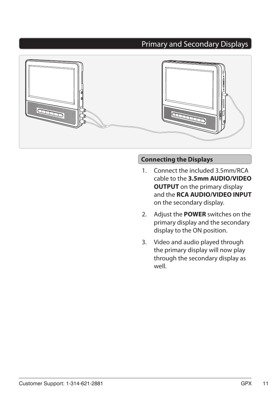 Primary and secondary displays 11, Connecting the displays, Primary and secondary displays | GPX PD7719B User Manual | Page 11 / 16