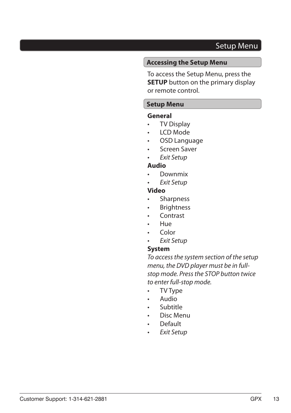Setup menu 13, Accessing the setup menu, Setup menu | GPX PD7719B User Manual | Page 13 / 16