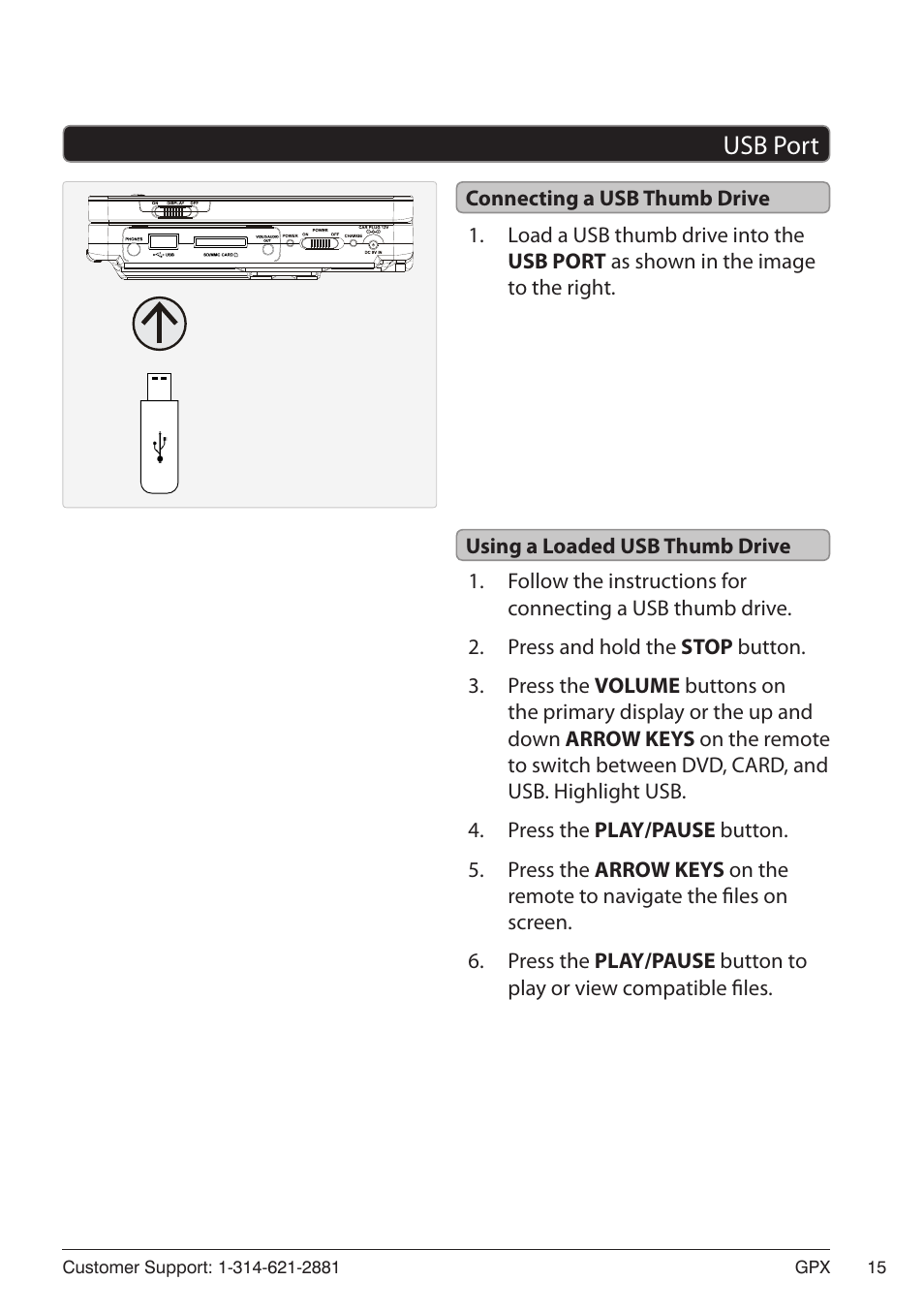 Usb port 15, Connecting a usb thumb drive, Using a loaded usb thumb drive | Usb port | GPX PD7719B User Manual | Page 15 / 16