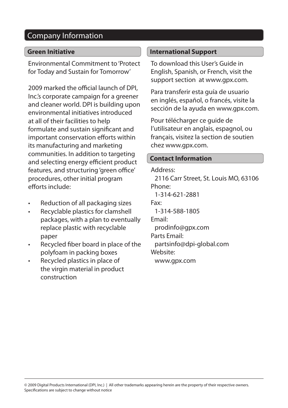 Company information 16, Green initiative, International support | Contact information, Company information | GPX PD7719B User Manual | Page 16 / 16