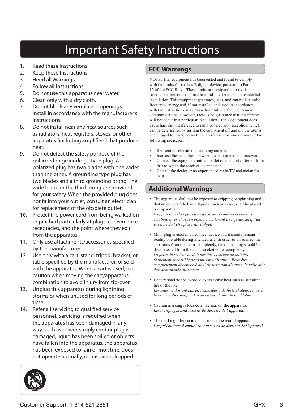Important safety instructions, Fcc warnings additional warnings | GPX PD7719B User Manual | Page 3 / 16