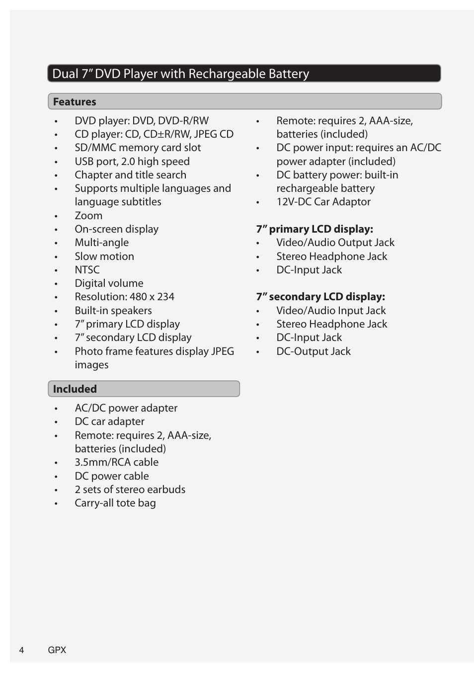 Dual 7” dvd player with rechargeable battery | GPX PD7719B User Manual | Page 4 / 16