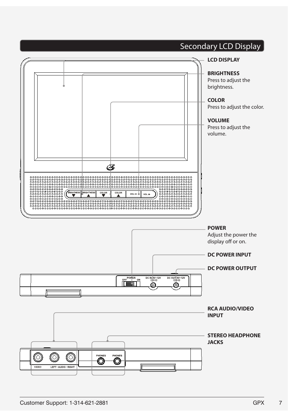 Secondary lcd display 7, Secondary lcd display | GPX PD7719B User Manual | Page 7 / 16