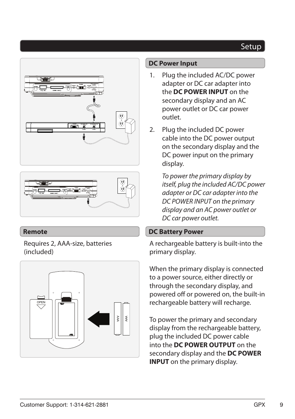 Setup 9, Remote, Dc power input | Dc battery power, Setup | GPX PD7719B User Manual | Page 9 / 16