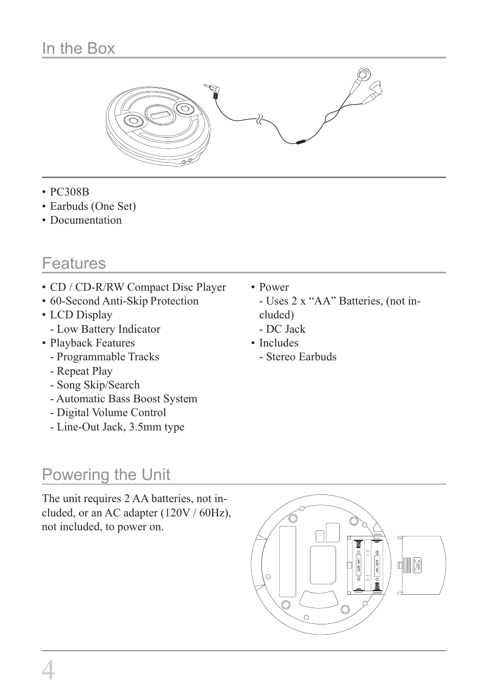 Powering the unit | GPX PC308B User Manual | Page 4 / 8