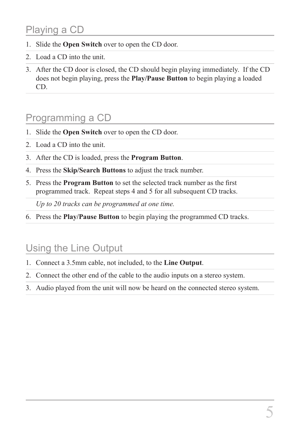 Playing a cd, Programming a cd, Using the line output | GPX PC308B User Manual | Page 5 / 8