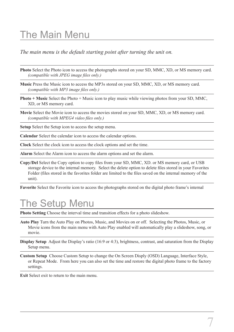 The main menu, The setup menu | GPX PF907 User Manual | Page 7 / 8