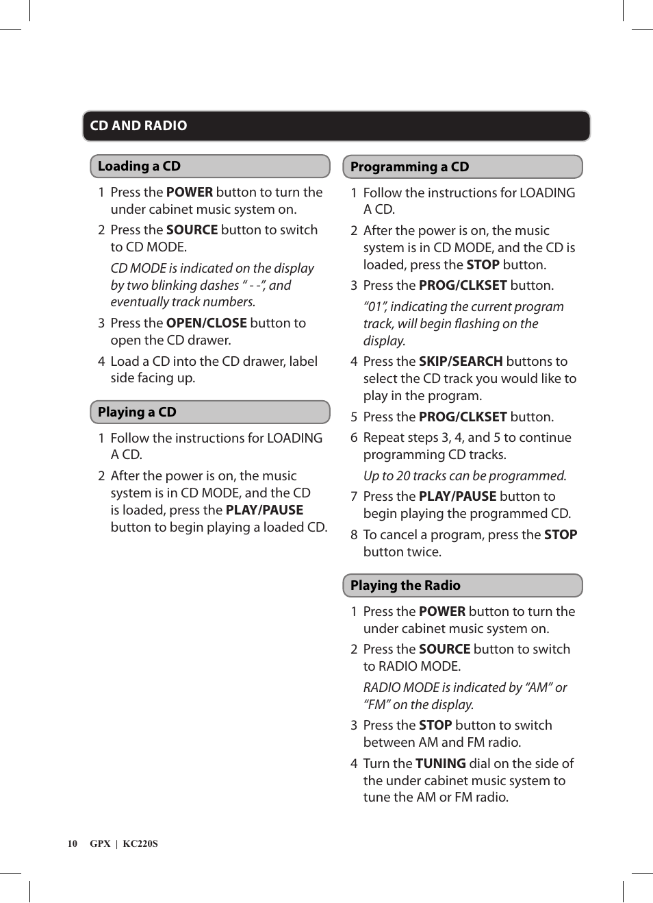 GPX KC220S User Manual | Page 10 / 12