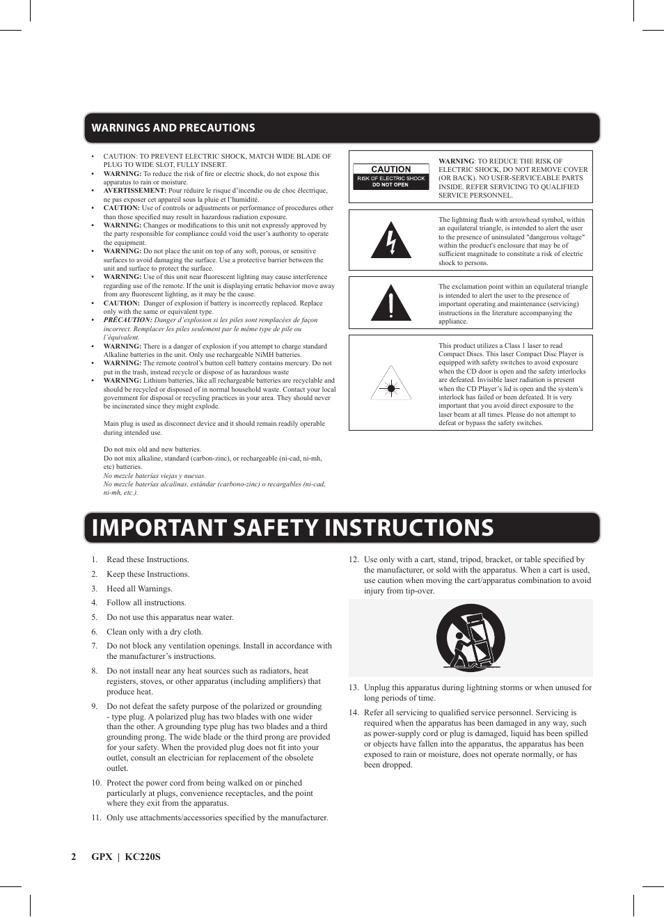 Important safety instructions, Warnings and precautions | GPX KC220S User Manual | Page 2 / 12