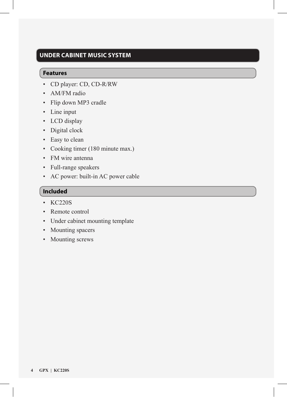 GPX KC220S User Manual | Page 4 / 12