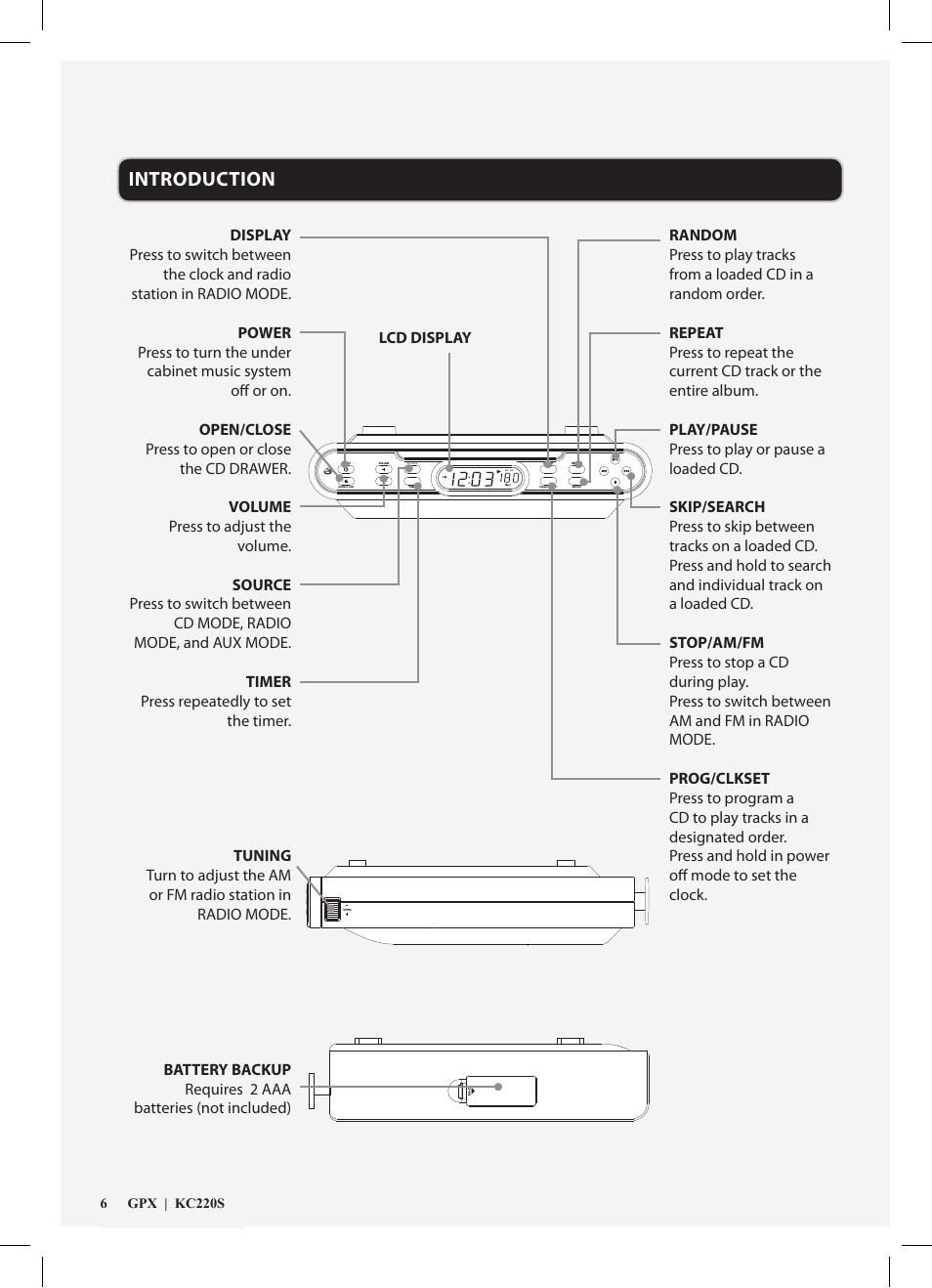 Introduction | GPX KC220S User Manual | Page 6 / 12