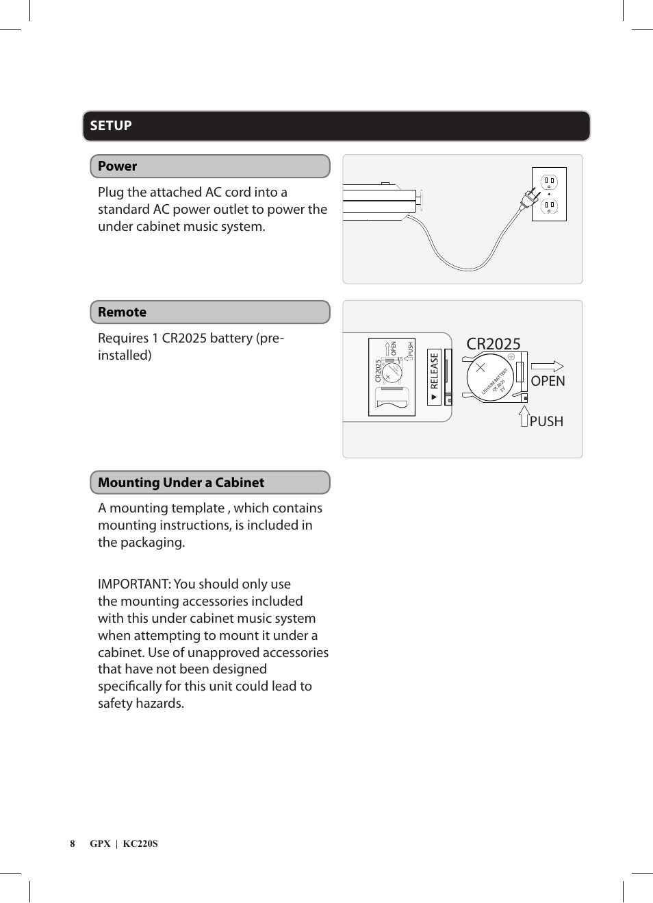 Cr2025, Push open | GPX KC220S User Manual | Page 8 / 12