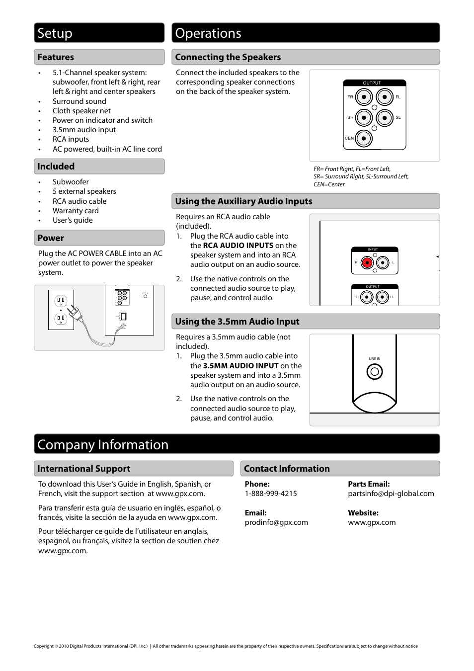 Company information setup operations, International support contact information | GPX HT050B User Manual | Page 2 / 2