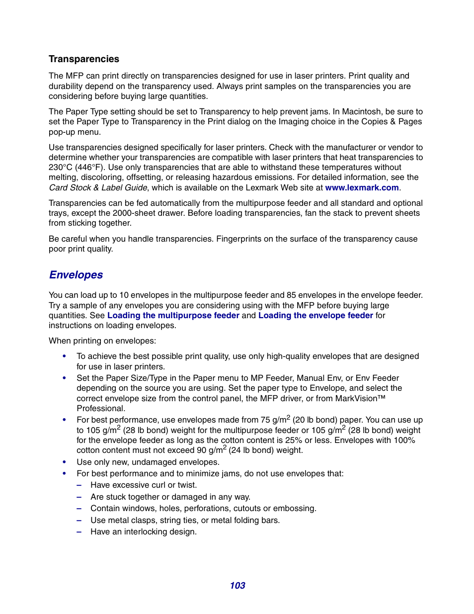 Envelopes, Transparencies | GPX X642 User Manual | Page 103 / 191