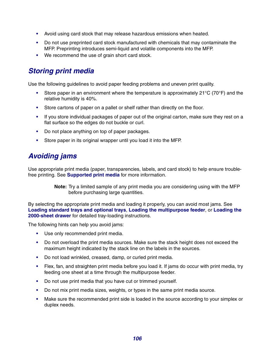 Storing print media, Avoiding jams | GPX X642 User Manual | Page 106 / 191