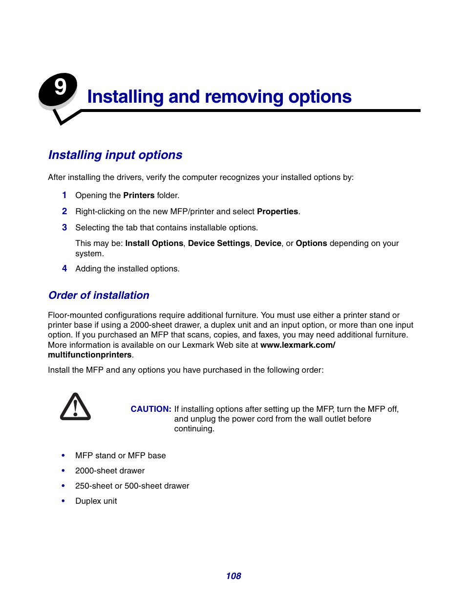 Installing and removing options, Installing input options, Order of installation | Chapter 9: installing and removing options | GPX X642 User Manual | Page 108 / 191