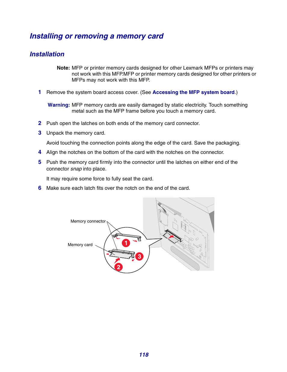 Installing or removing a memory card, Installation | GPX X642 User Manual | Page 118 / 191