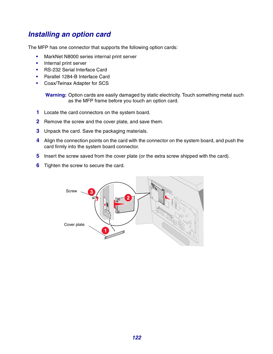 Installing an optioncard, Installing an option card | GPX X642 User Manual | Page 122 / 191