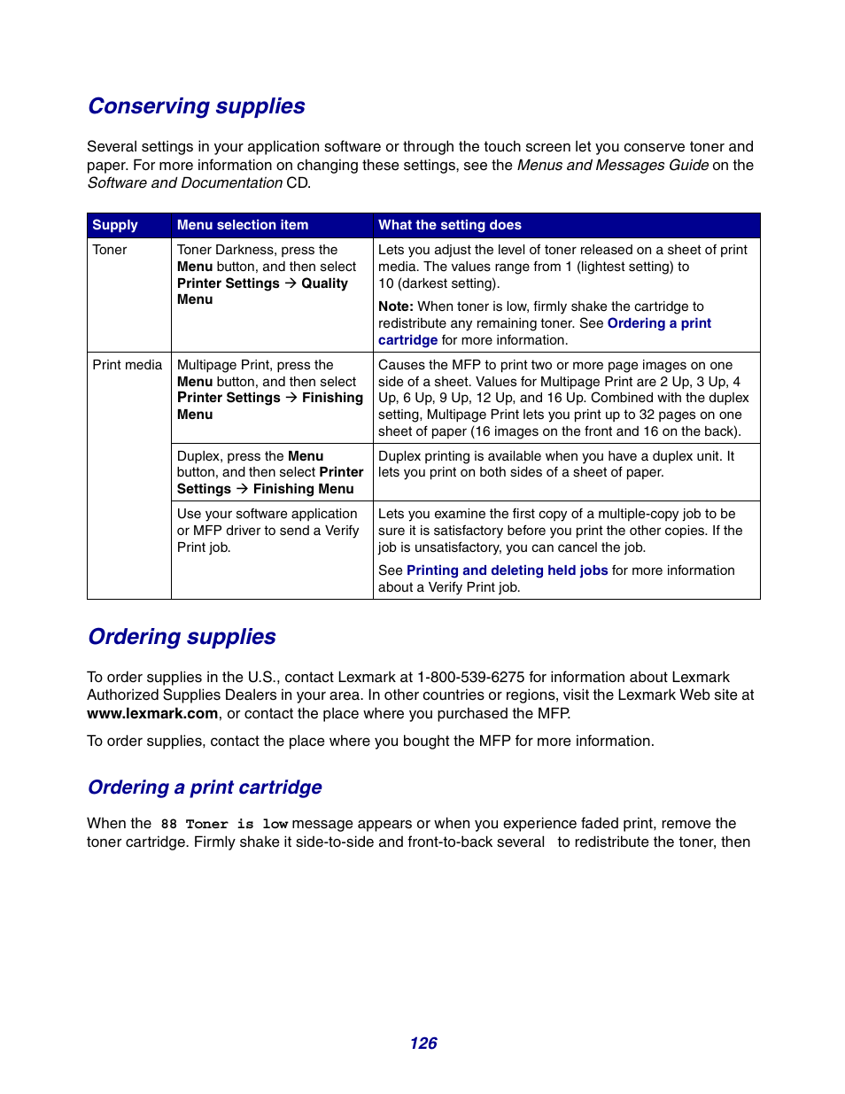 Conserving supplies, Ordering supplies, Ordering a print cartridge | GPX X642 User Manual | Page 126 / 191