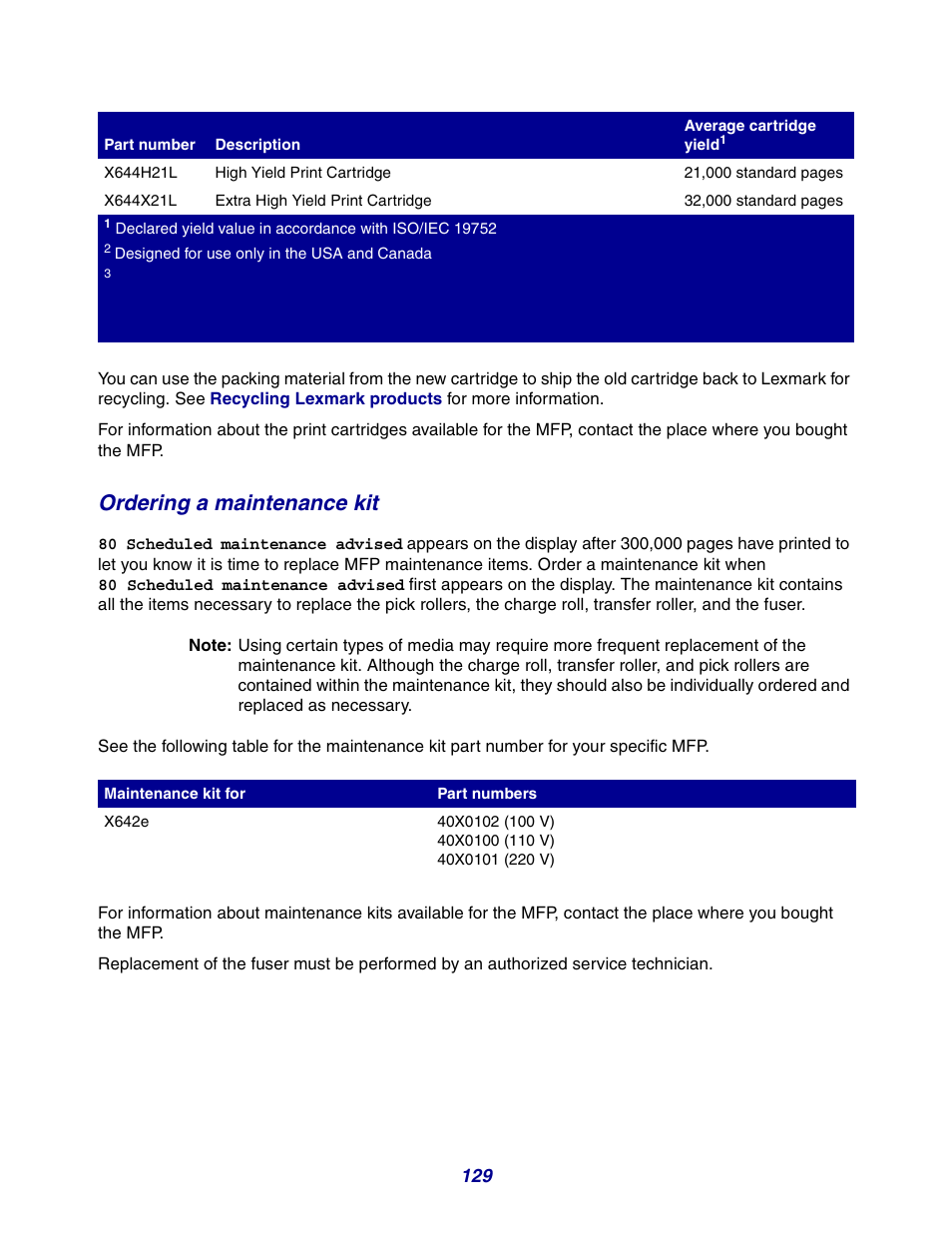 Ordering a maintenance kit | GPX X642 User Manual | Page 129 / 191