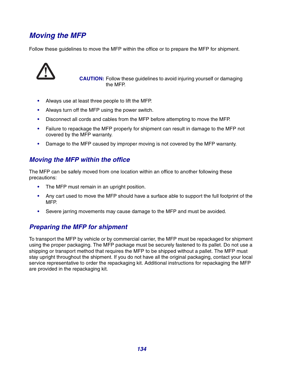 Moving the mfp, Moving the mfp within the office, Preparing the mfp for shipment | GPX X642 User Manual | Page 134 / 191