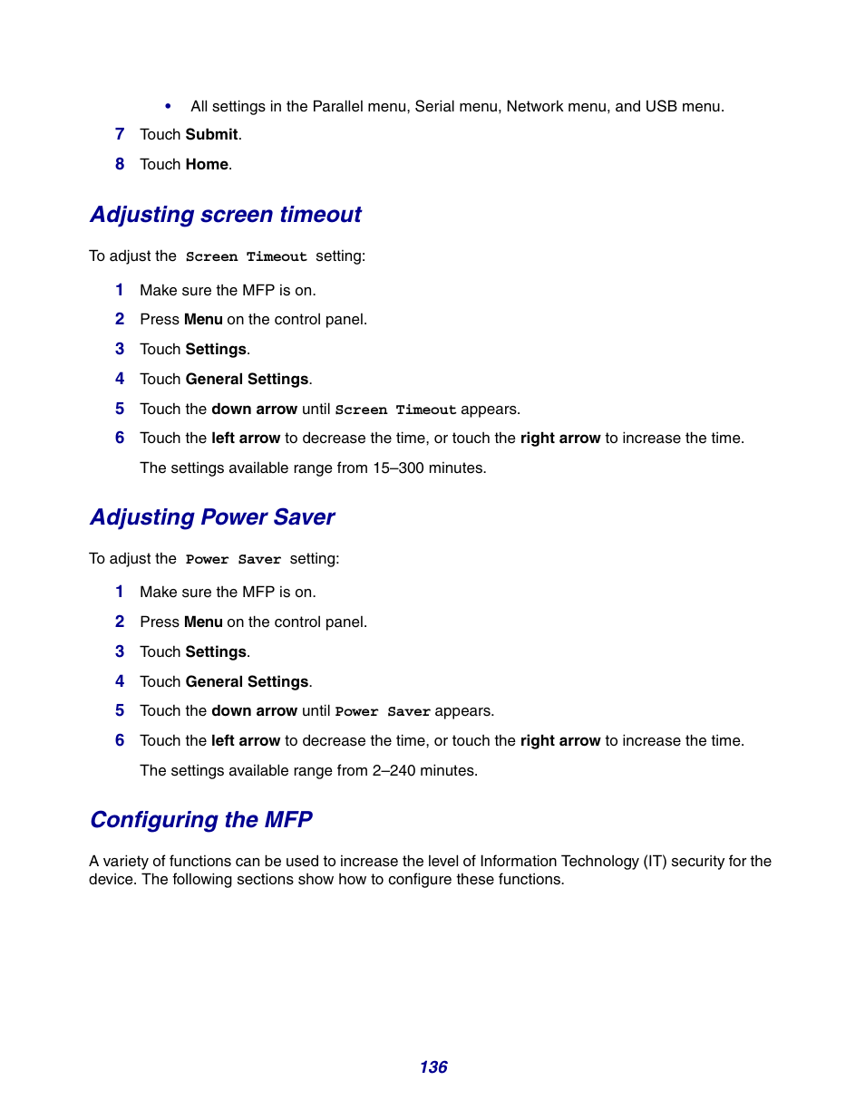 Adjusting screen timeout, Adjusting power saver, Configuring the mfp | GPX X642 User Manual | Page 136 / 191