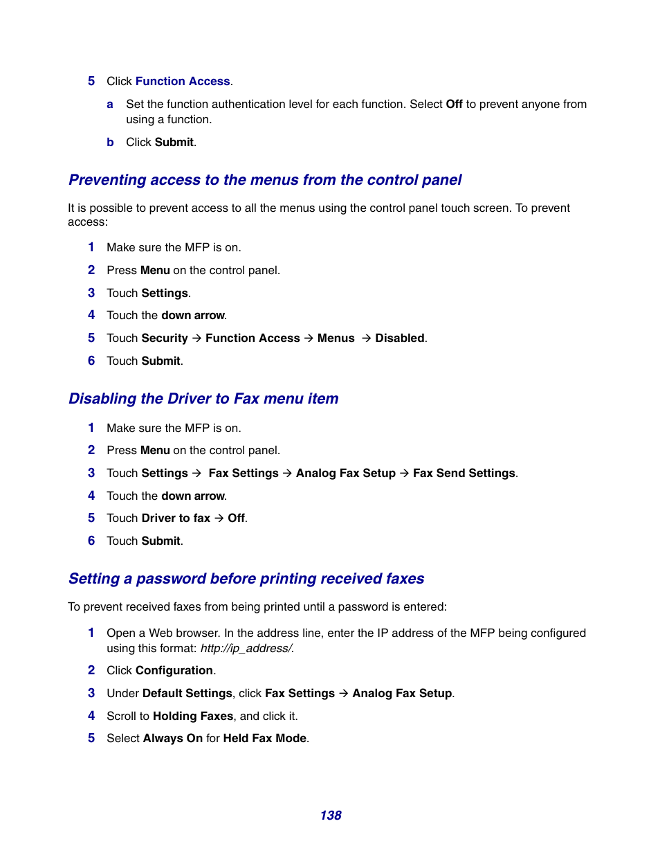 Disabling the driver to fax menu item, Setting a password before printing received faxes | GPX X642 User Manual | Page 138 / 191