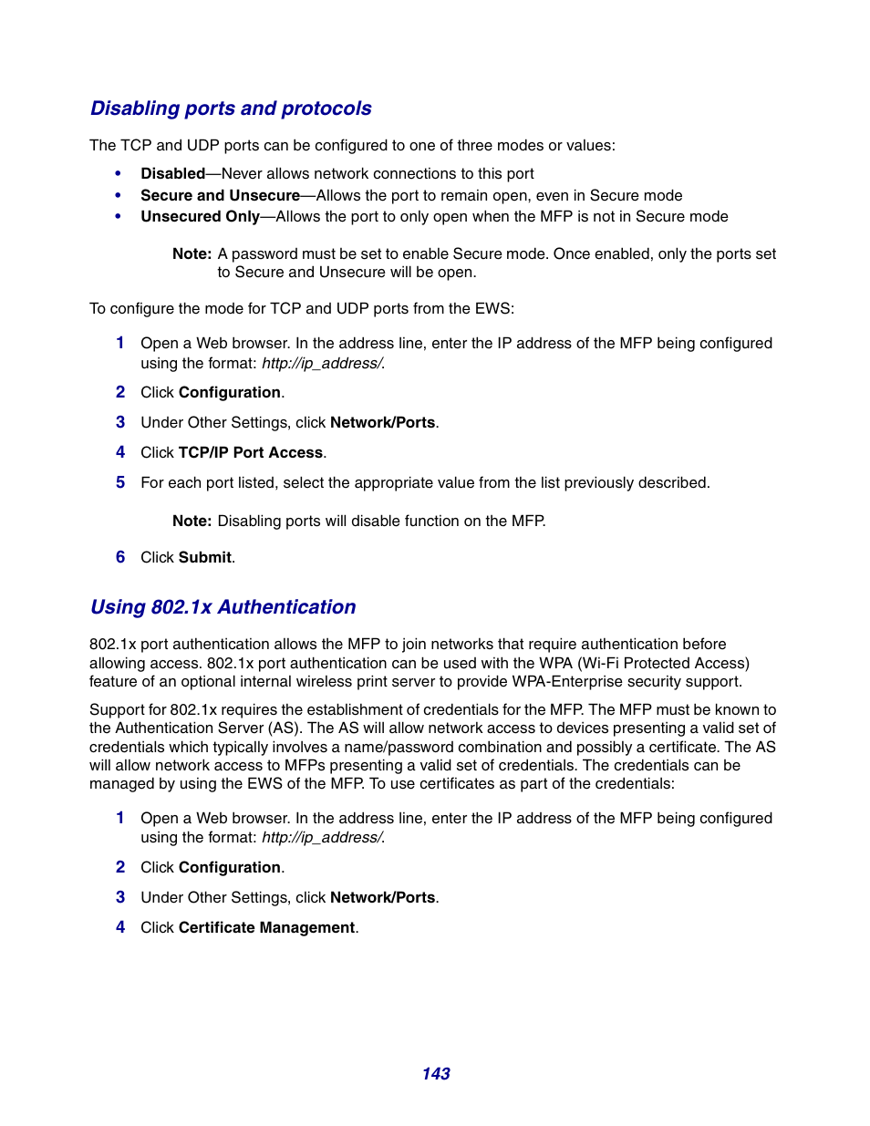 Disabling ports and protocols, Using 802.1x authentication | GPX X642 User Manual | Page 143 / 191