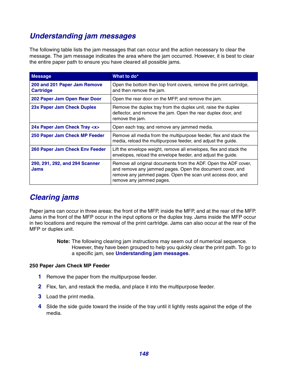 Understanding jam messages, Clearing jams | GPX X642 User Manual | Page 148 / 191