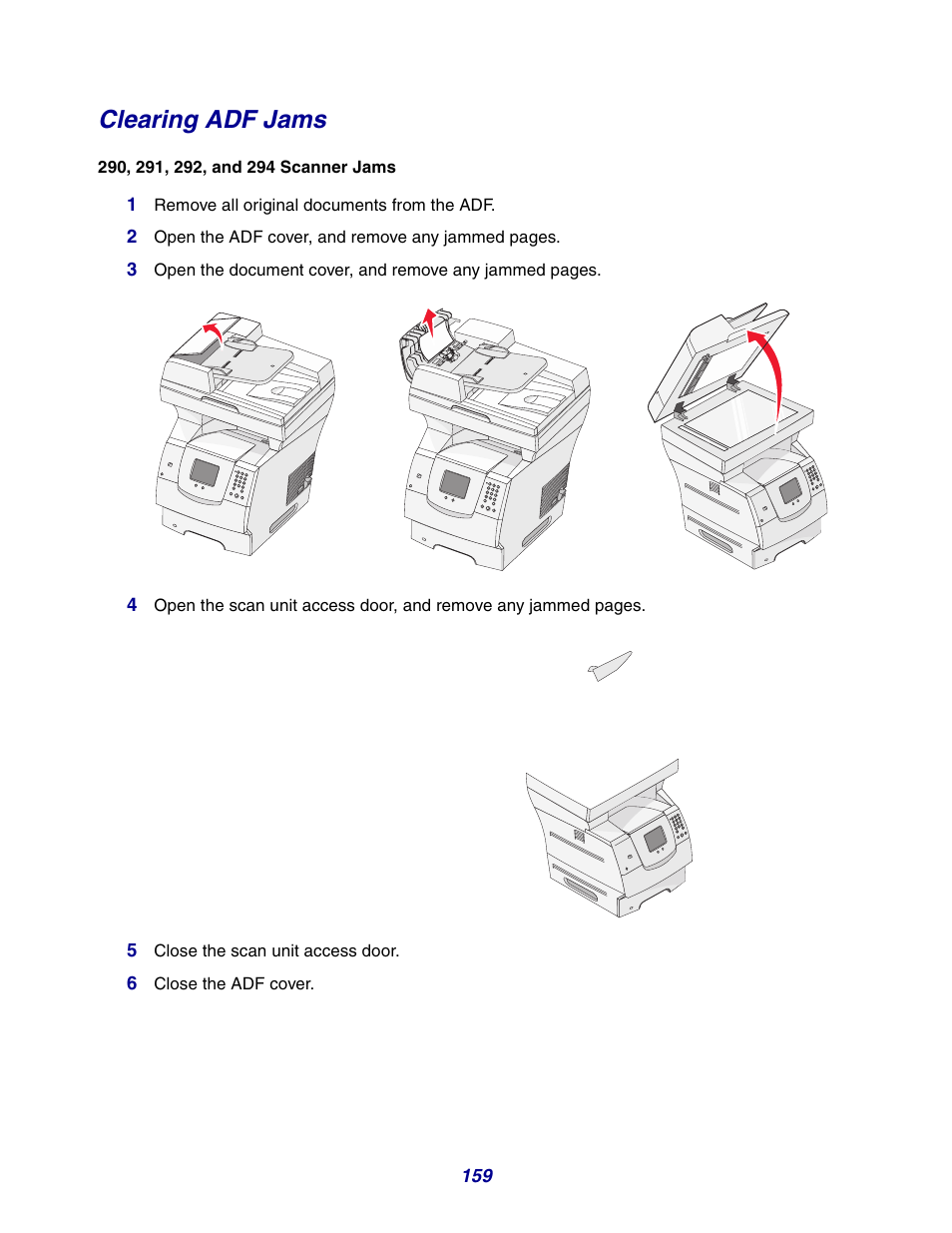 Clearing adf jams, 290, 291, 292, and 294 scanner jams | GPX X642 User Manual | Page 159 / 191