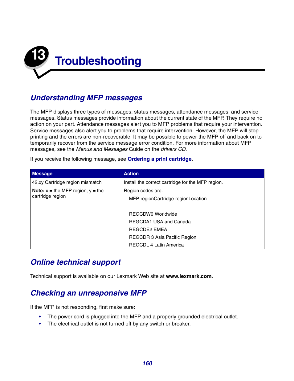 Troubleshooting, Understanding mfp messages, Online technical support | Checking an unresponsive mfp | GPX X642 User Manual | Page 160 / 191