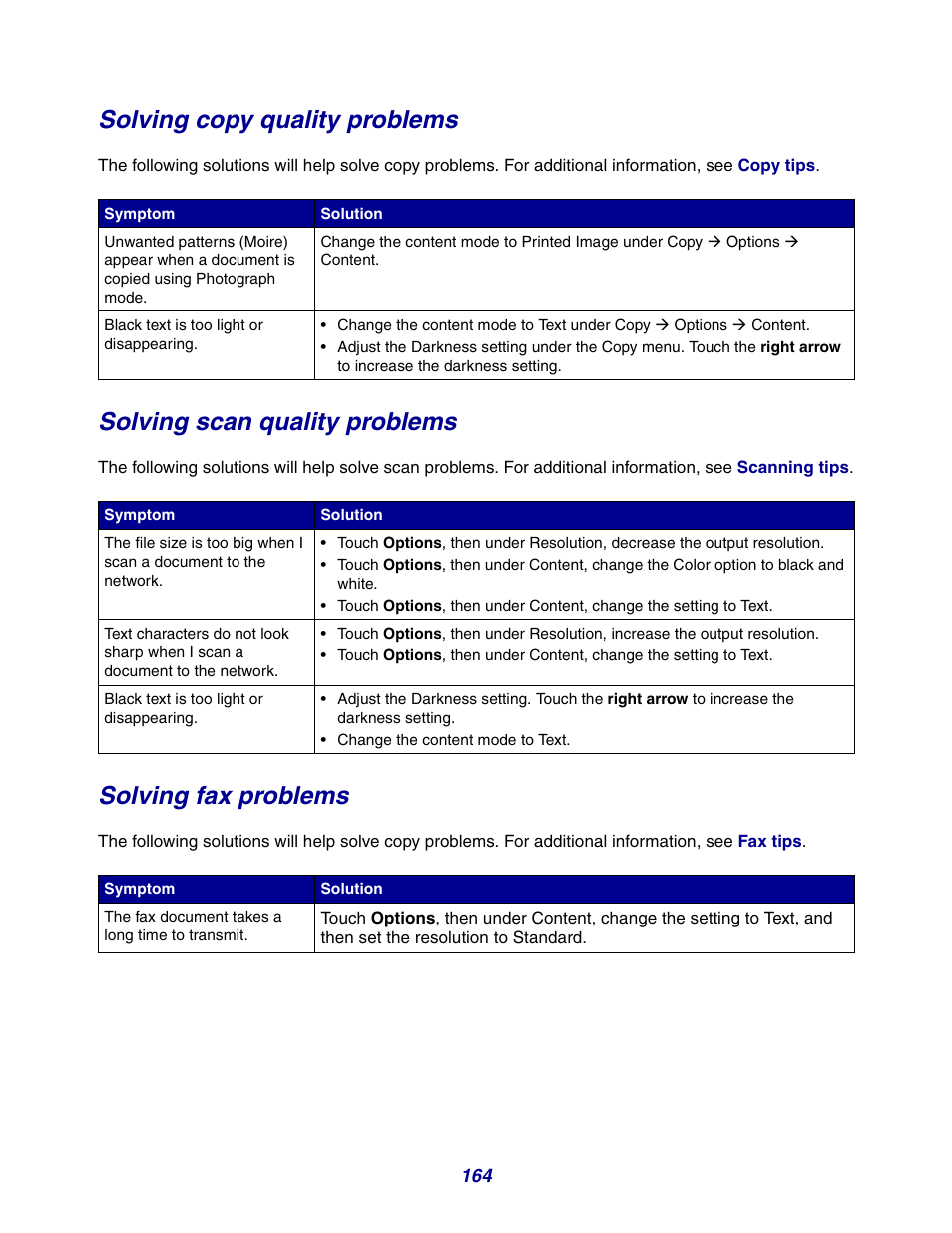 Solving copy quality problems, Solving scan quality problems, Solving fax problems | GPX X642 User Manual | Page 164 / 191