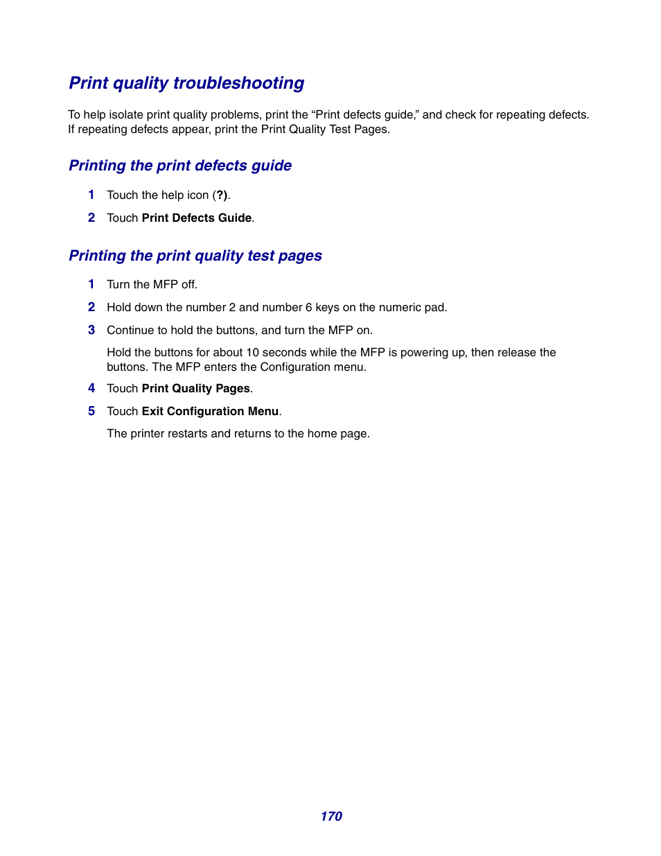 Print quality troubleshooting, Printing the print defects guide | GPX X642 User Manual | Page 170 / 191
