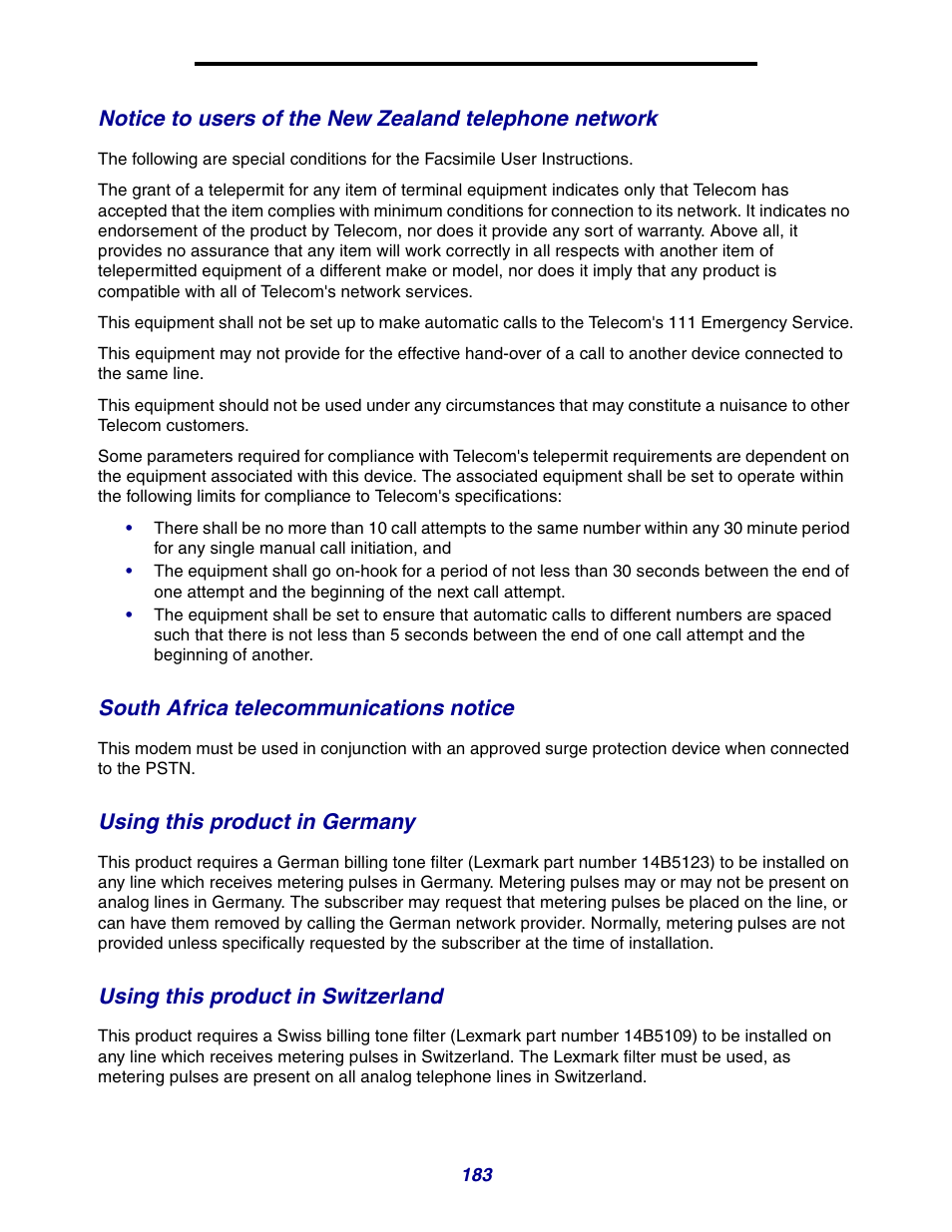 South africa telecommunications notice, Using this product in germany, Using this product in switzerland | GPX X642 User Manual | Page 183 / 191