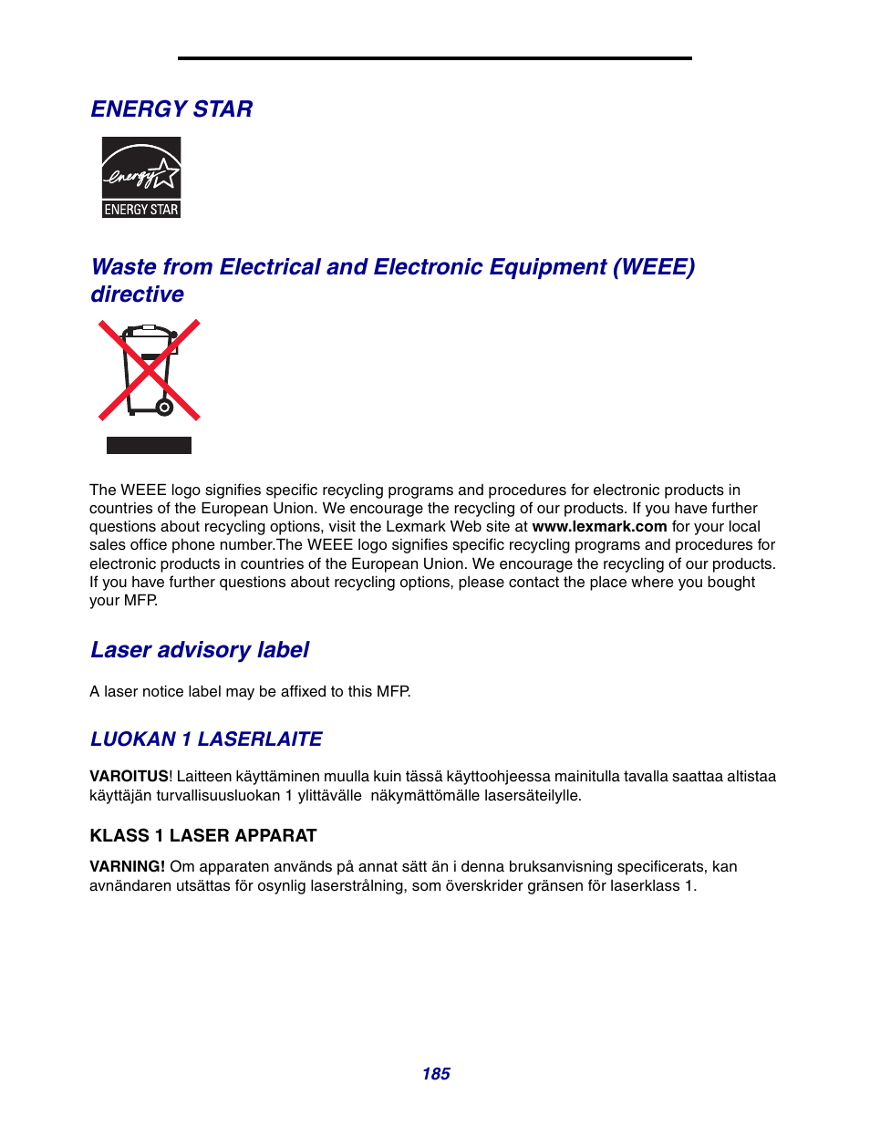 Energy star, Laser advisory label, Luokan 1 laserlaite | GPX X642 User Manual | Page 185 / 191
