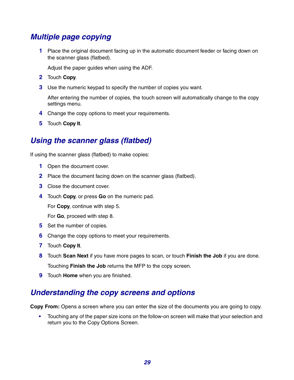 Using the scanner glass (flatbed), Understanding the copy screens and options, Multiple page copying | GPX X642 User Manual | Page 29 / 191