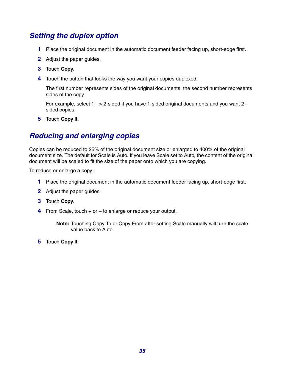 Setting the duplex option, Reducing and enlarging copies | GPX X642 User Manual | Page 35 / 191