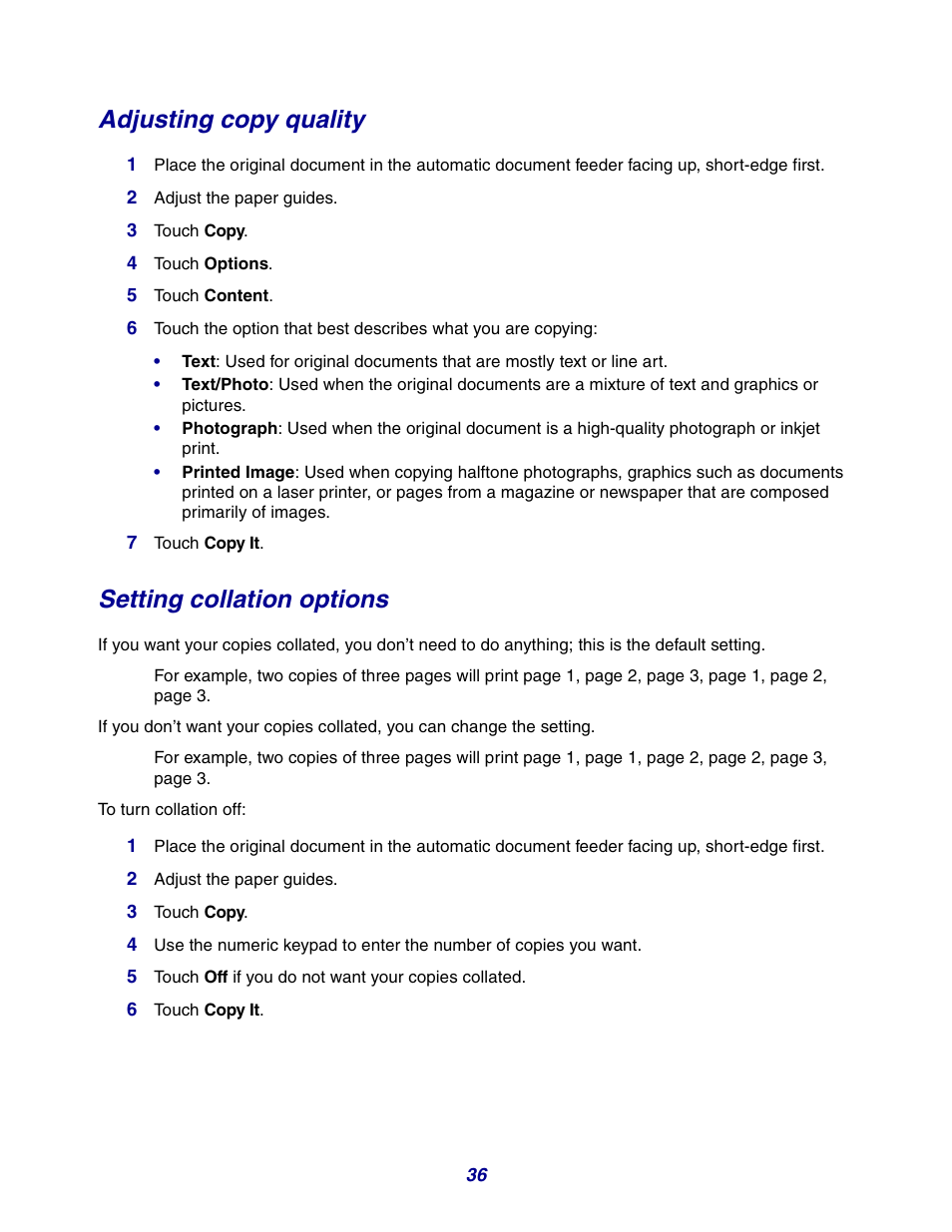 Adjusting copy quality, Setting collation options | GPX X642 User Manual | Page 36 / 191