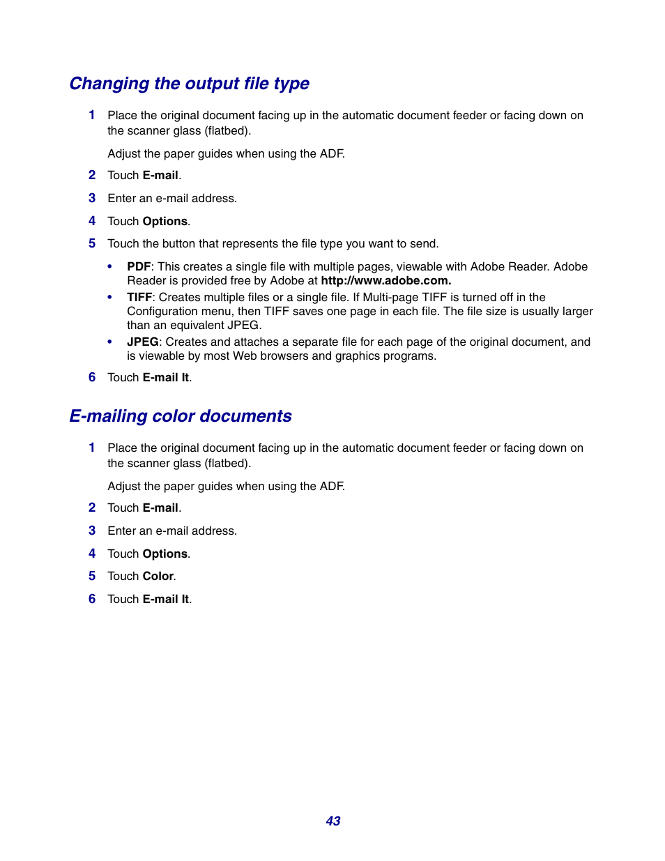 Changing the output file type, E-mailing color documents | GPX X642 User Manual | Page 43 / 191