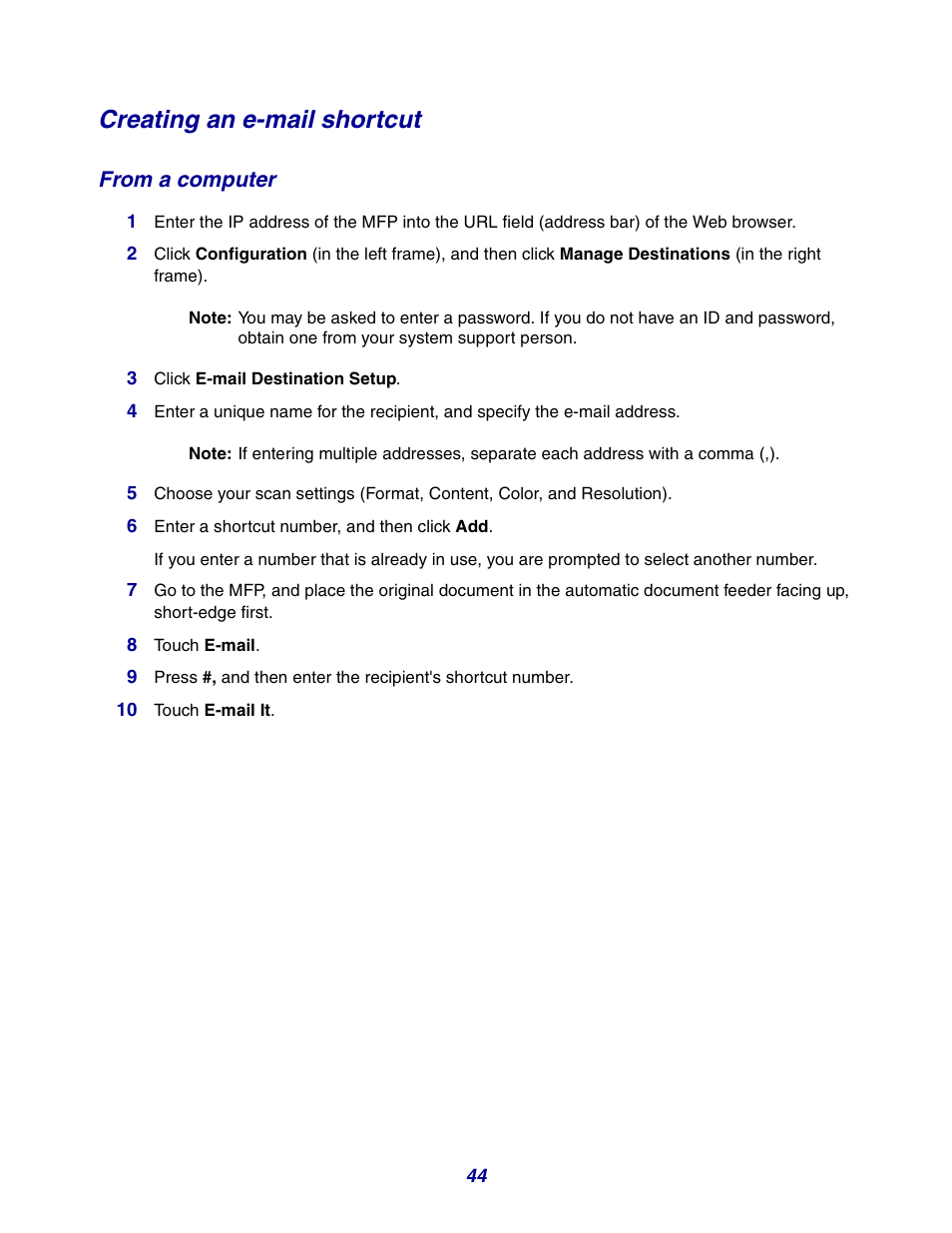 Creating an e-mail shortcut, From a computer | GPX X642 User Manual | Page 44 / 191