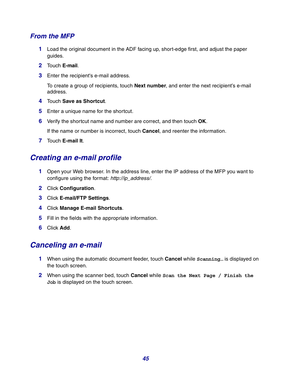 From the mfp, Creating an e-mail profile, Canceling an e-mail | GPX X642 User Manual | Page 45 / 191