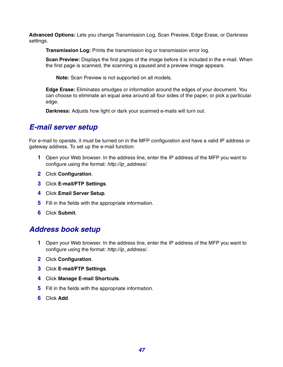 E-mail server setup, Address book setup | GPX X642 User Manual | Page 47 / 191