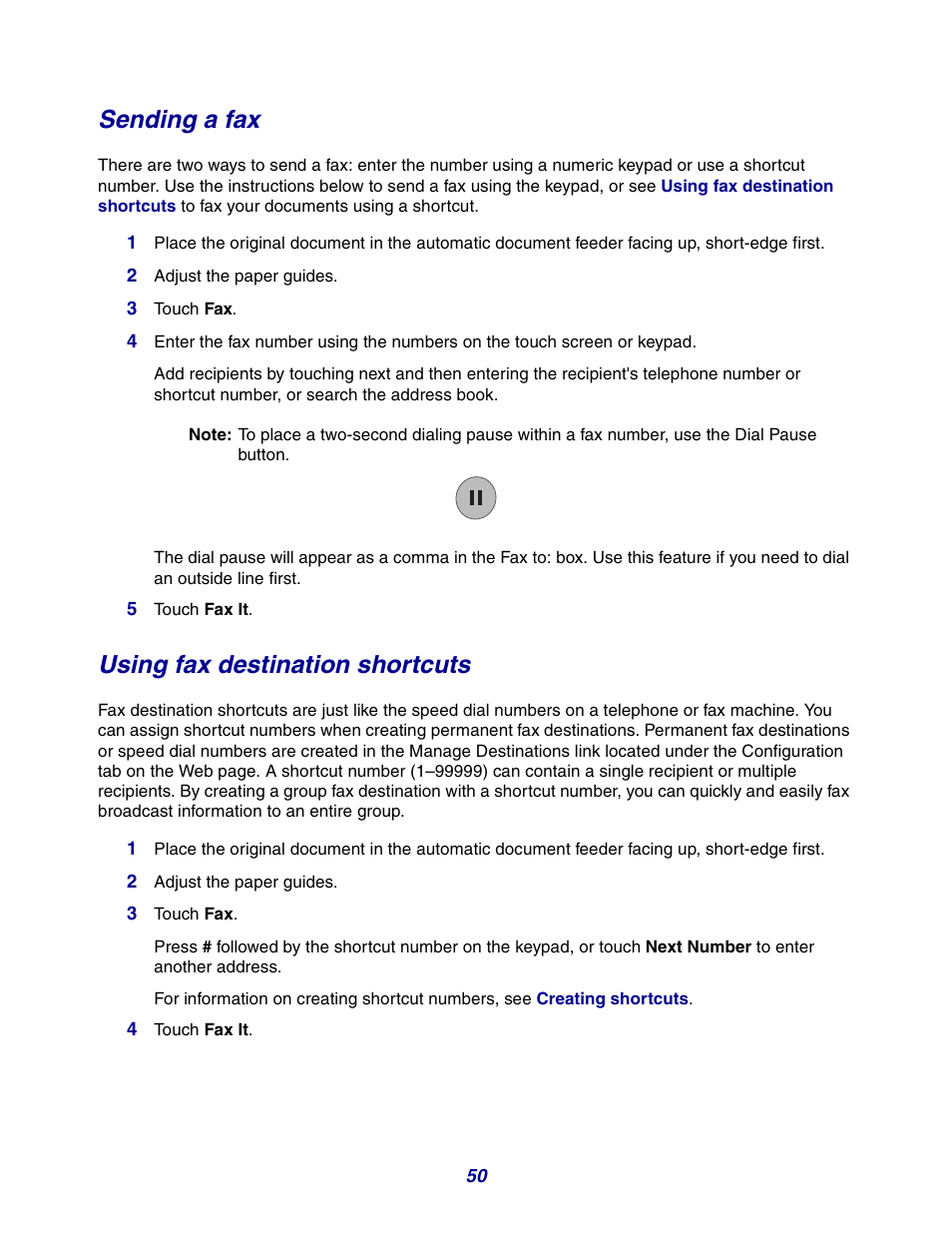 Sending a fax, Using fax destination shortcuts | GPX X642 User Manual | Page 50 / 191